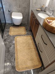 Conforde Macoroni Eskitme Yüzde Yüz Pamuk 2 li Banyo Paspas Seti Çizgi - Bej