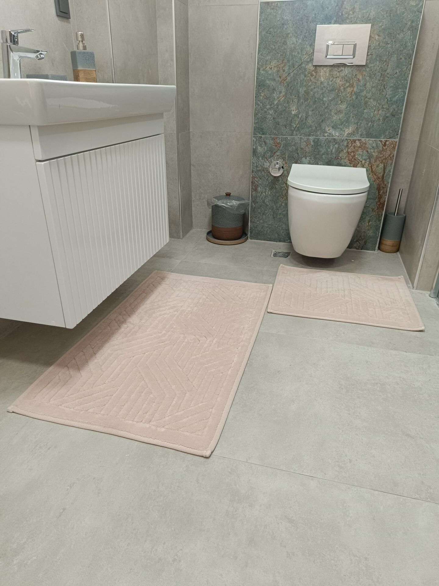 Conforde Yüzde Yüz Pamuk 2 li Banyo Paspas Seti Çizgi - Pudra