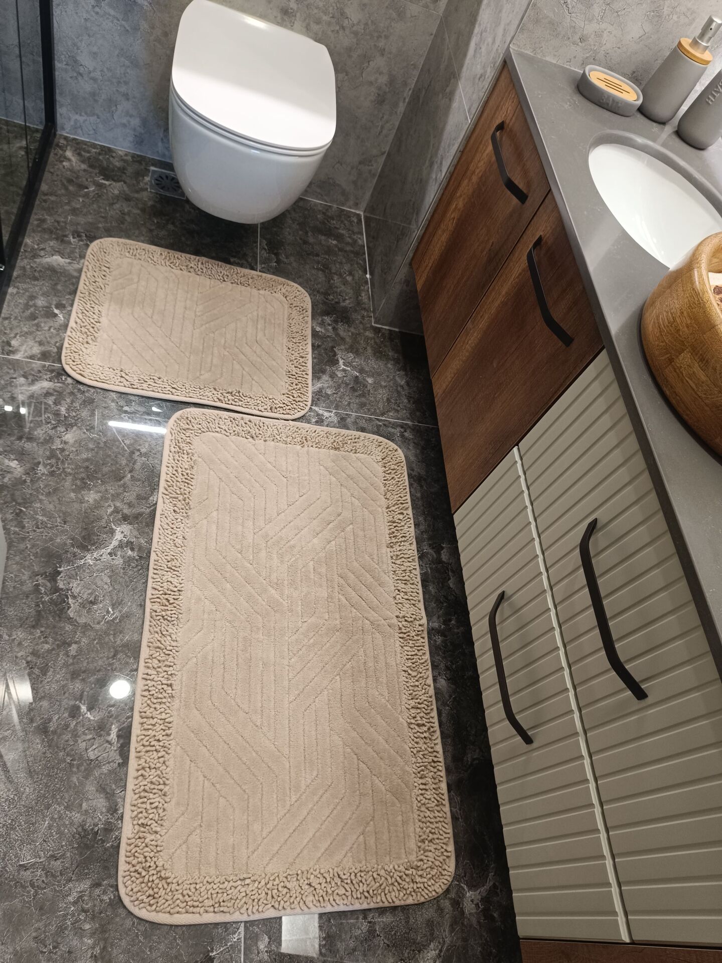 Conforde Makaroni Yüzde Yüz Pamuk 2 li Banyo Paspas Seti Çizgi - Bej