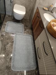 Conforde Makaroni Yüzde Yüz Pamuk 2 li Banyo Paspas Seti Çizgi - Gri