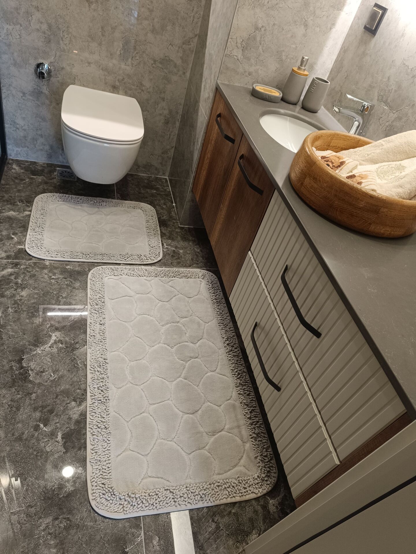 Conforde Makaroni Yüzde Yüz Pamuk 2 li Banyo Paspas Seti Taş - Souris